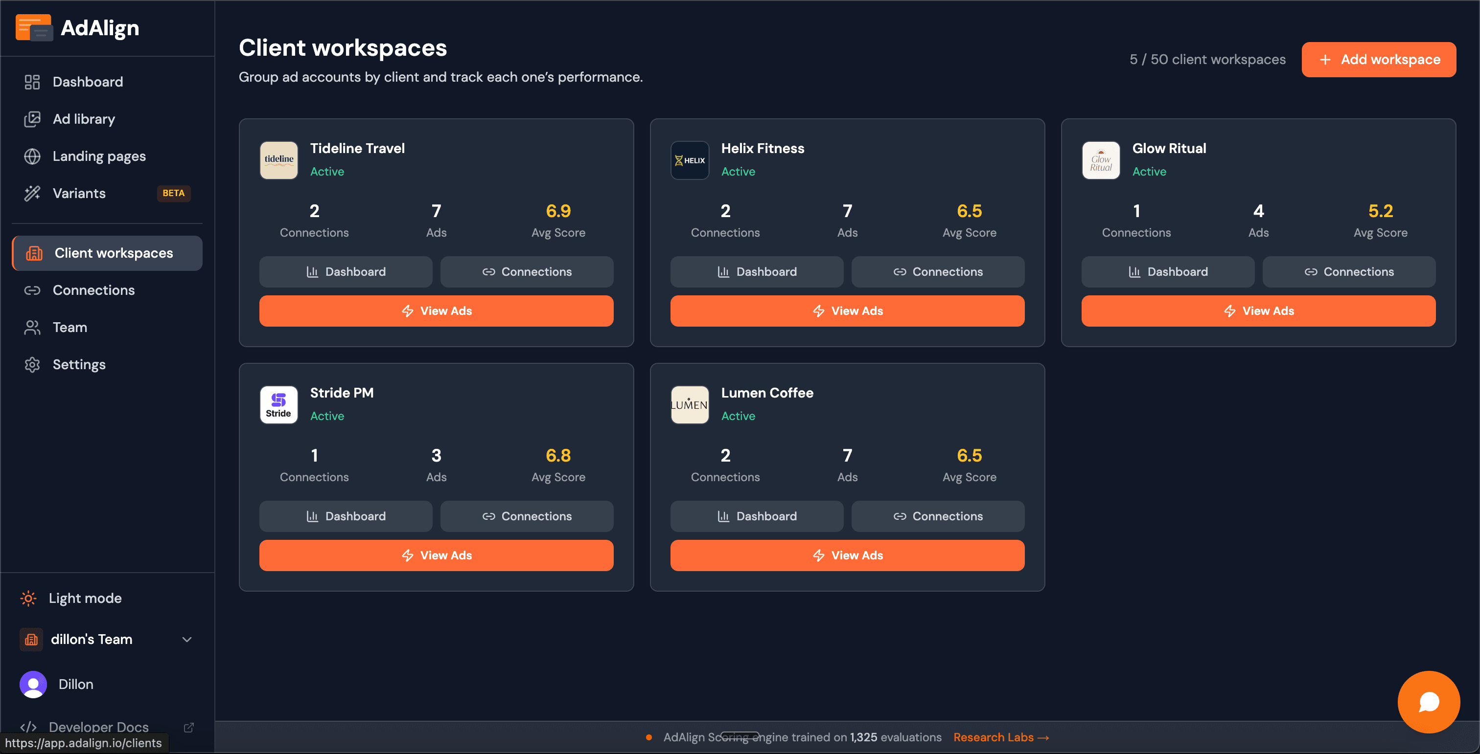 Client workspaces, one per account