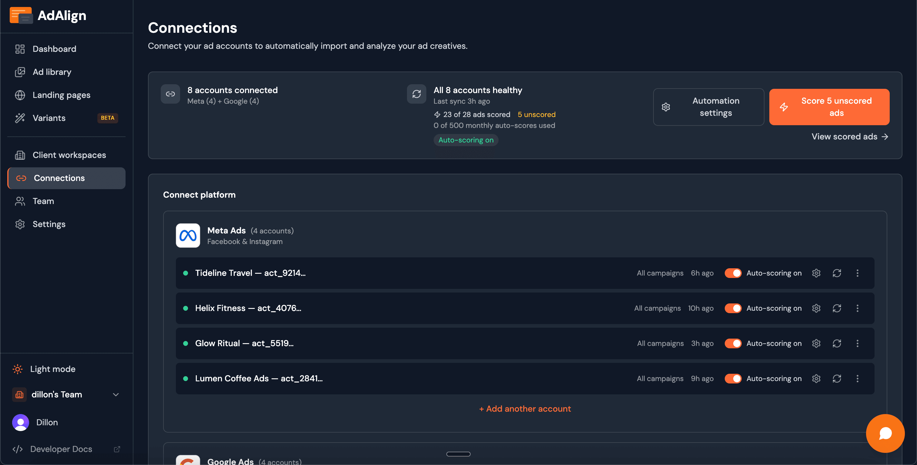 Connections: Meta and Google Ads accounts synced read-only