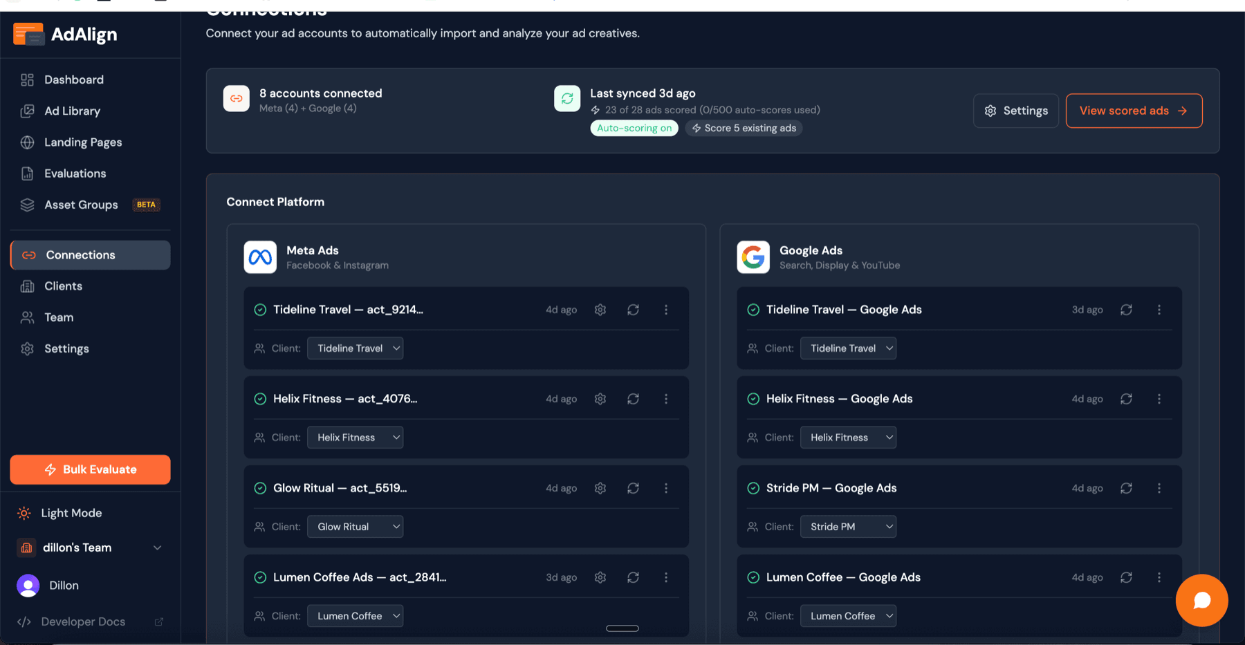 Connections — Meta + Google Ads OAuth sync