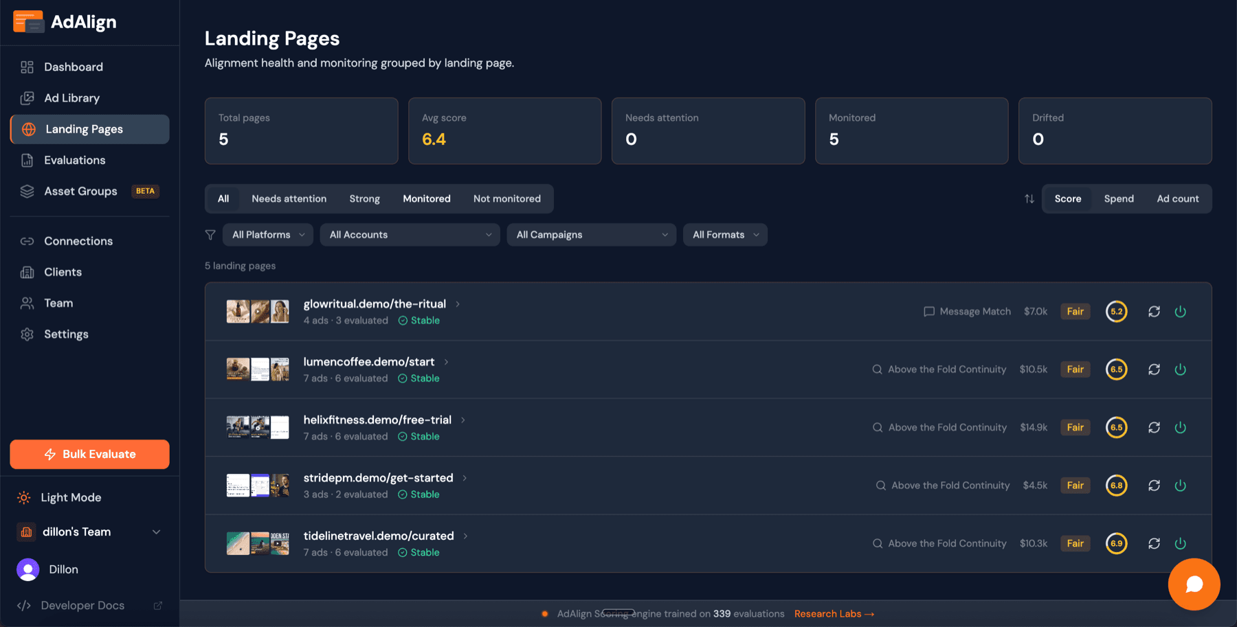 Landing Pages — daily drift detection across every destination page